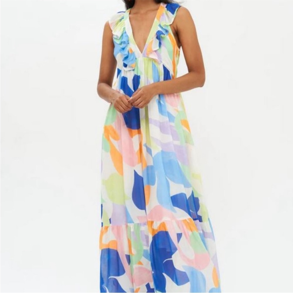Tuckernuck Oliphant Ruffle V-neck Maxi Dress In Multicolor Moma White XXL
